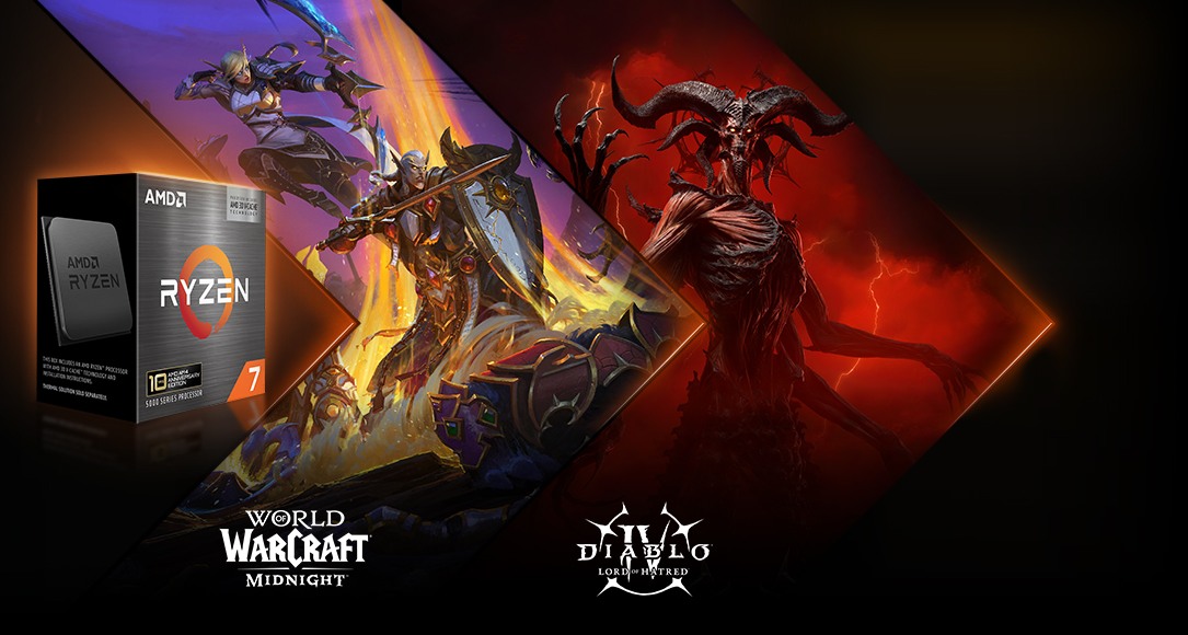 Procesador AMD Ryzen 7 5800X3D junto a personajes de World of Warcraft: Midnight y Diablo IV: Lord of Hatred